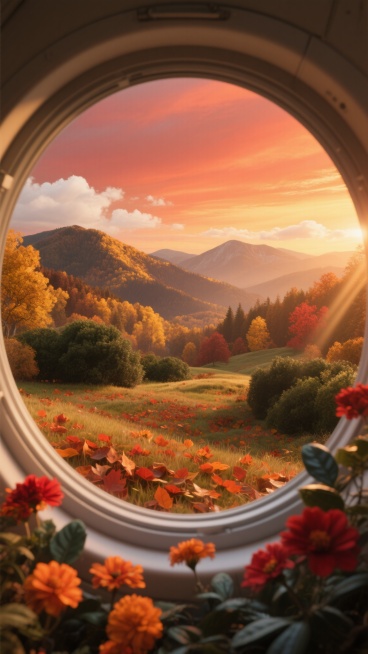 超高清3D渲染，通过圆形舷窗视角展现的秋日自然景观，画面整体采用温暖的橙黄色调与深绿色、红褐色渐变，天空呈现柔和的橙红色晚霞，点缀着少量白色云朵，远处连绵的山脉覆盖着金黄与深棕相间的秋叶，近处是铺满橙红色落叶的起伏草地，点缀着深绿色灌木丛，舷窗边缘及前景摆放着带有红色、橙色花朵和深绿色叶片的植物，整体光影柔和，光线从右侧斜射，营造出宁静温暖的秋日氛围，具有平滑细腻的3D质感和清晰的景深效果，画……预览效果