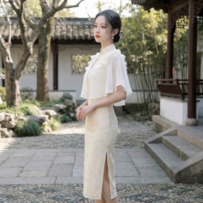 这是一款古风旗袍，帮我生成10张人物模特图片，一个图片一个模特，10张图片不同角度，要求同一个女生模特，与照片上模特脸，背景不一样，优雅古风风格，生成图片背景要一样，模特年龄大约18-25岁之间预览效果