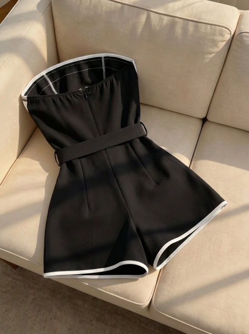 将这张图片中的服饰进行反色处理，原来的白色衣身全部改成黑色，原来的黑色包边和装饰全部改成白色，其他细节和背景保持不变预览效果