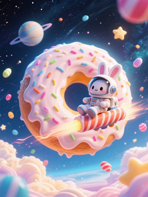 巨大的甜甜圈漂浮在太空中，像一颗星球，表面的糖霜形成环形山，一只戴着甜甜圈头盔的兔子宇航员，正坐着糖棍形状的飞船遨游太空，周围点缀着彩色的糖果流星和奶油质感的星云，整体画面色彩明快梦幻，呈现超萌的太空预览效果