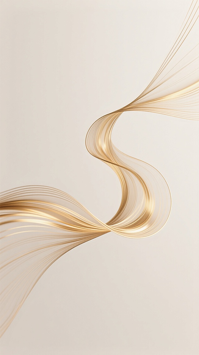 一张极简风格的抽象海报，以纯净的米白色为背景，画面中央是流畅飘逸的金色线条构成的波浪形态，线条细腻且富有光泽感，呈现出优雅灵动的视觉效果，整体色调和谐统一，营造出高端大气、简约而不失精致的氛围，具有强烈的现代设计感和艺术美感。