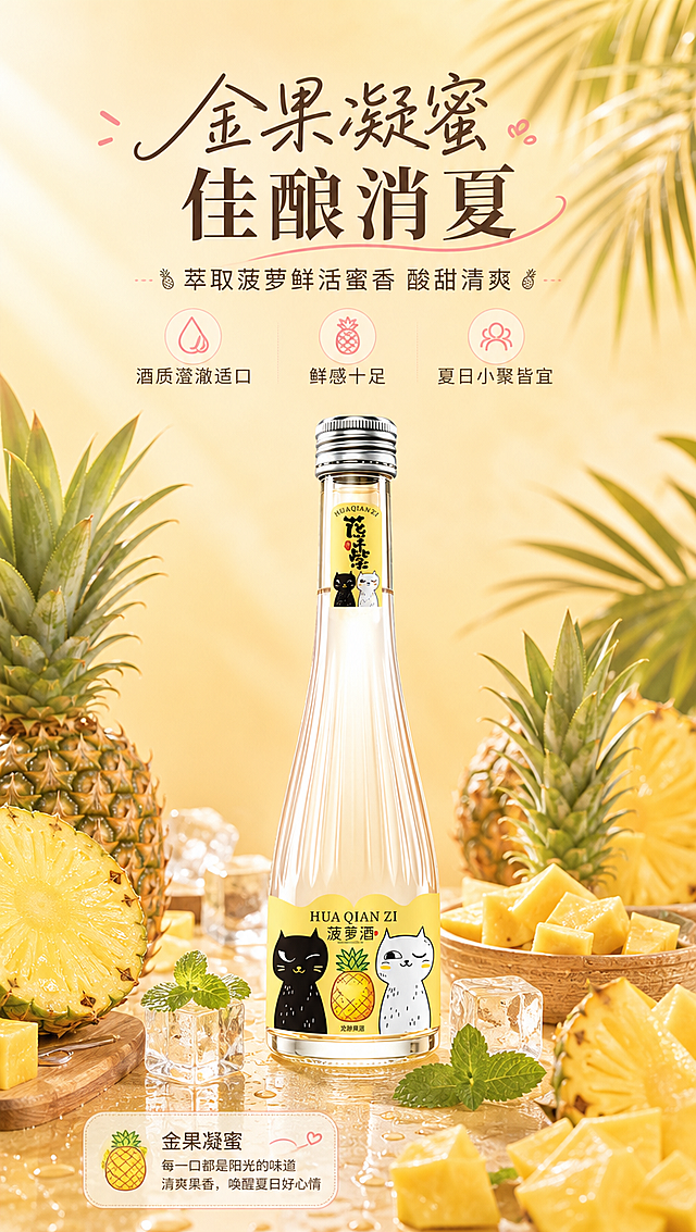 [商品] 使用【图3】花芊紫菠萝酒；保留透明玻璃瓶身、银色旋盖、黄色标签、黑白猫咪图案、菠萝图案、「花芊紫」「菠萝酒」文字及所有标签信息；瓶身结构、比例、颜色、材质完全保真。
[画面] 目标：菠萝酒单品深度种草，突出金果凝蜜佳酿消夏卖点。构图：上文下图，产品占画面60%，瓶身位于画面中部偏下，正面展示标签；上方与两侧环绕新鲜菠萝（整颗菠萝、切片菠萝、菠萝块），搭配冰块与薄荷叶，营造夏日清爽感；背景为暖黄渐变+棕榈叶/热带植物剪影；阅读动线从上至下，顶部标题，中部产品主体，底部卖点；≥3层视觉层次。
[视觉] 套系策略：风格=日系治愈清新果酒商业摄影，暖柔自然光；标题字=文艺手写体+轻衬线粗体组合；正文字=简洁圆体；主色=柔粉米杏；背景延展=基于米杏粉做深浅渐变、同色系柔焦和细腻纸张/木质质感；强调色=蜜桃粉，仅用于小面积图标、引线和标签点缀；标题色=深暖棕；正文色=中暖灰；组件=圆角浅底信息卡、细线引线、手绘水果小图标；光影=正上方暖柔光，瓶身有自然高光与通透感。
[文字] 顶部居中主标题「金果凝蜜 佳酿消夏」，副标题「萃取菠萝鲜活蜜香 酸甜清爽」，下方3个短卖点：「酒质澄澈适口」「鲜感十足」「夏日小聚皆宜」；文字区在顶部留白，不遮挡瓶身标签；所有文字横排。
[规格] 图片比例9:16竖版，4K分辨率，负向提示：避免瓶身变形、标签文字错乱、冷蓝灰背景、文字过小、极限词、二维码、水印。
