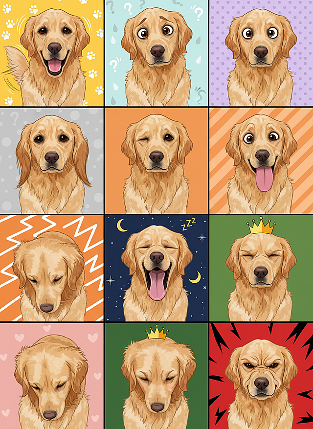 卡通感插画风，金毛表情丰富，色彩鲜艳，趣味十足，展现不同情绪。