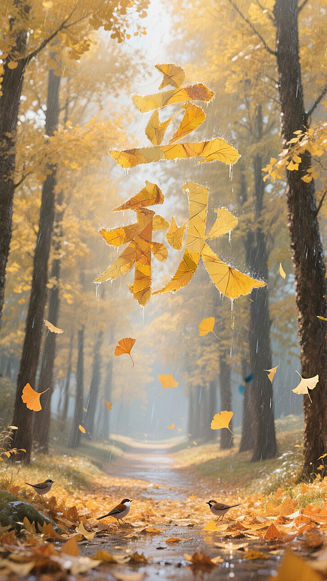 梦幻水彩插画风，清新秋景中大字“立秋”由落叶构成，营造温馨节日氛围。