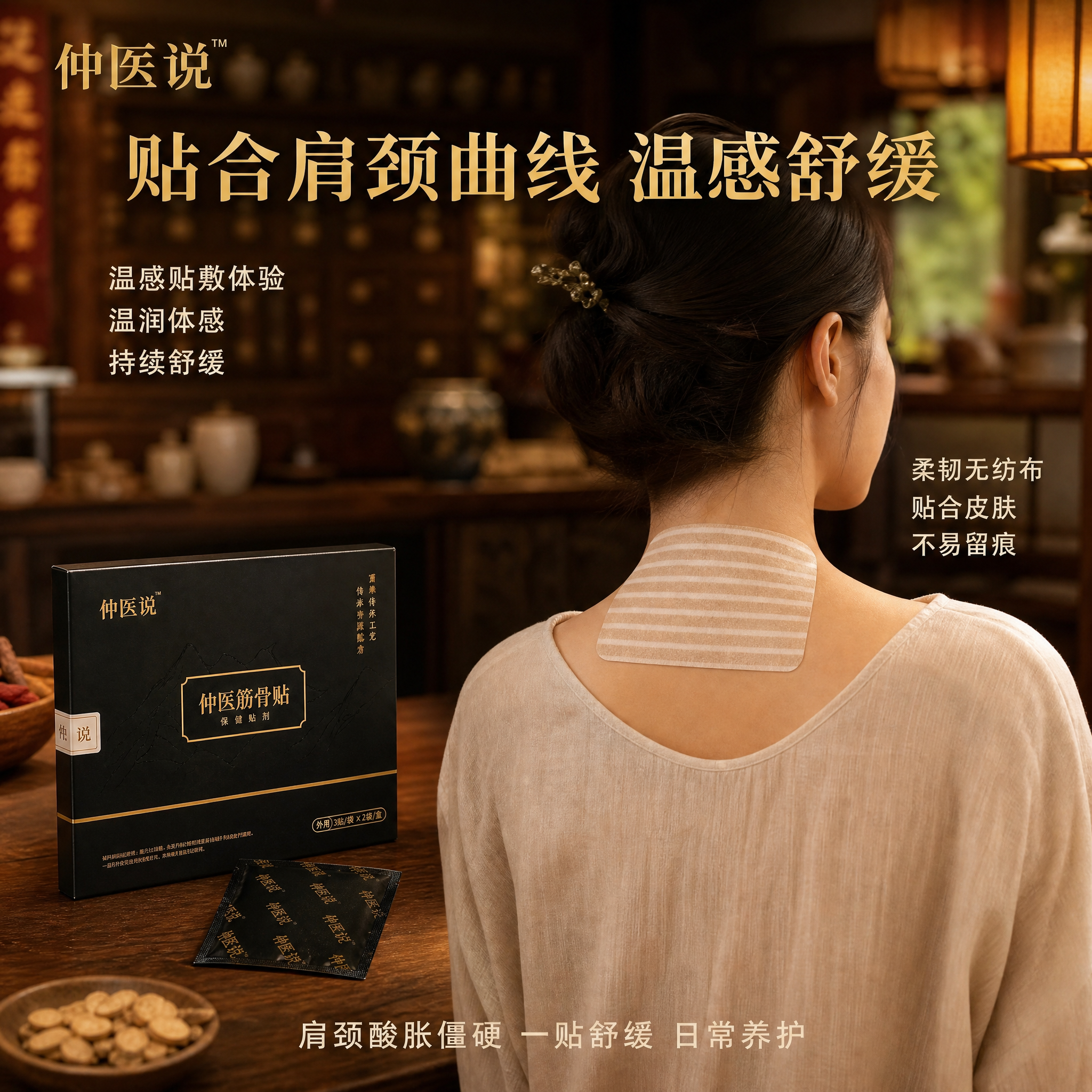 淘宝电商主图第三张，1:1比例，仲医筋骨贴肩颈贴敷使用场景图。… - 图片创意预览