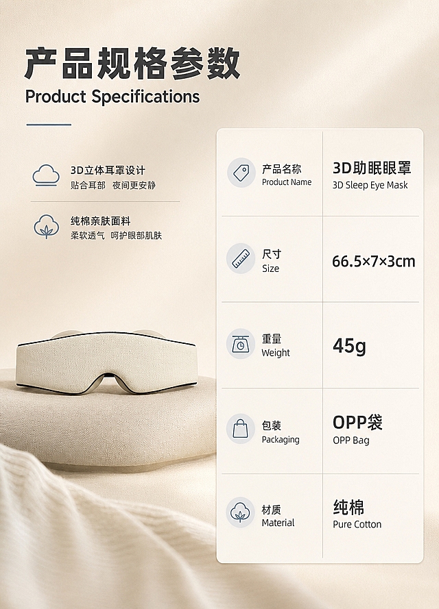 [商品] 使用【图1】manta蝠鲼同款3D助眠眼罩正面图；商品处理：保留浅米杏色主体、3D立体耳罩、蝠鲼造型、纯棉面料肌理；产品缩小置于参数表旁作为视觉参照，自然理顺面料，增强纹理质感，不改变版型颜色结构。
[画面] 目标：产品详细规格参数图，B端采购信息清晰易读。构图：左产品右参数表的左右分栏布局，左侧产品占画面35%，右侧中英对照参数表格占画面55%；阅读动线从顶部标题到左侧产品再到右侧参数表。背景：浅米杏色哑光渐变底，带极淡织物纹理，干净规整。
[视觉] 套系策略：风格=简约高级轻家居商业电商摄影；标题字=阿里巴巴普惠体粗体大字；正文字=阿里巴巴普惠体常规体；主色=浅米杏；背景延展=基于浅米杏做深浅层级、同色渐变和细腻织物/哑光墙面质感；强调色=雾霾蓝灰，仅用于小面积图标、引线和标签；标题色=深炭灰；正文色=中暖灰；组件=圆角浅底信息卡、细线引线、简约图标；光影=左前侧暖柔光，柔和漫反射，产品轮廓清晰。
[文字] 顶部主标题中文「产品规格参数」，英文「Product Specifications」；右侧参数表格中英对照，参数字号放大清晰：产品名称 / Product Name：3D助眠眼罩 / 3D Sleep Eye Mask；尺寸 / Size：66.5×7×3cm；重量 / Weight：45g；包装 / Packaging：OPP袋 / OPP Bag；材质 / Material：纯棉 / Pure Cotton；表格线条简洁，参数信息醒目易读。
[规格] 750×1042竖版，4K分辨率，负向提示：纯白底、方正字体、产品变形、参数错误、文字竖排、文字过小、蚂蚁字、水印、杂乱装饰。