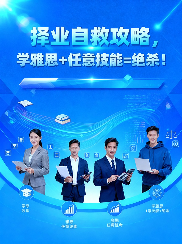 把这5个人物做成一张海报；海报标题是：择业自救攻略，学雅思+任意技能=绝杀！，画面比例是1240x1660px