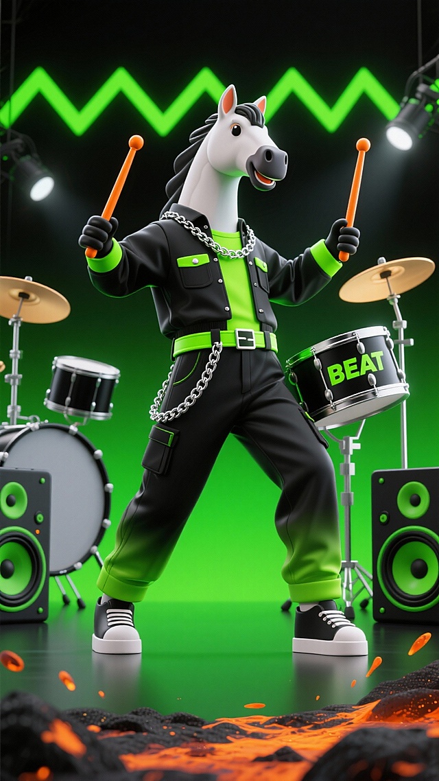 主体：拟人化马形表演者（黑绿工装套装、荧光绿腰带），肩扛黑橙撞色架子鼓槌，单脚踮起呈准备演奏姿态，腰间挂银色链条
背景：高饱和黑绿渐变底，缀荧光绿锯齿纹装饰、黑灰立体鼓面造型，两侧设黑绿渐变双音箱（带 “BEAT” 标识），底部溅黑橙火星特效