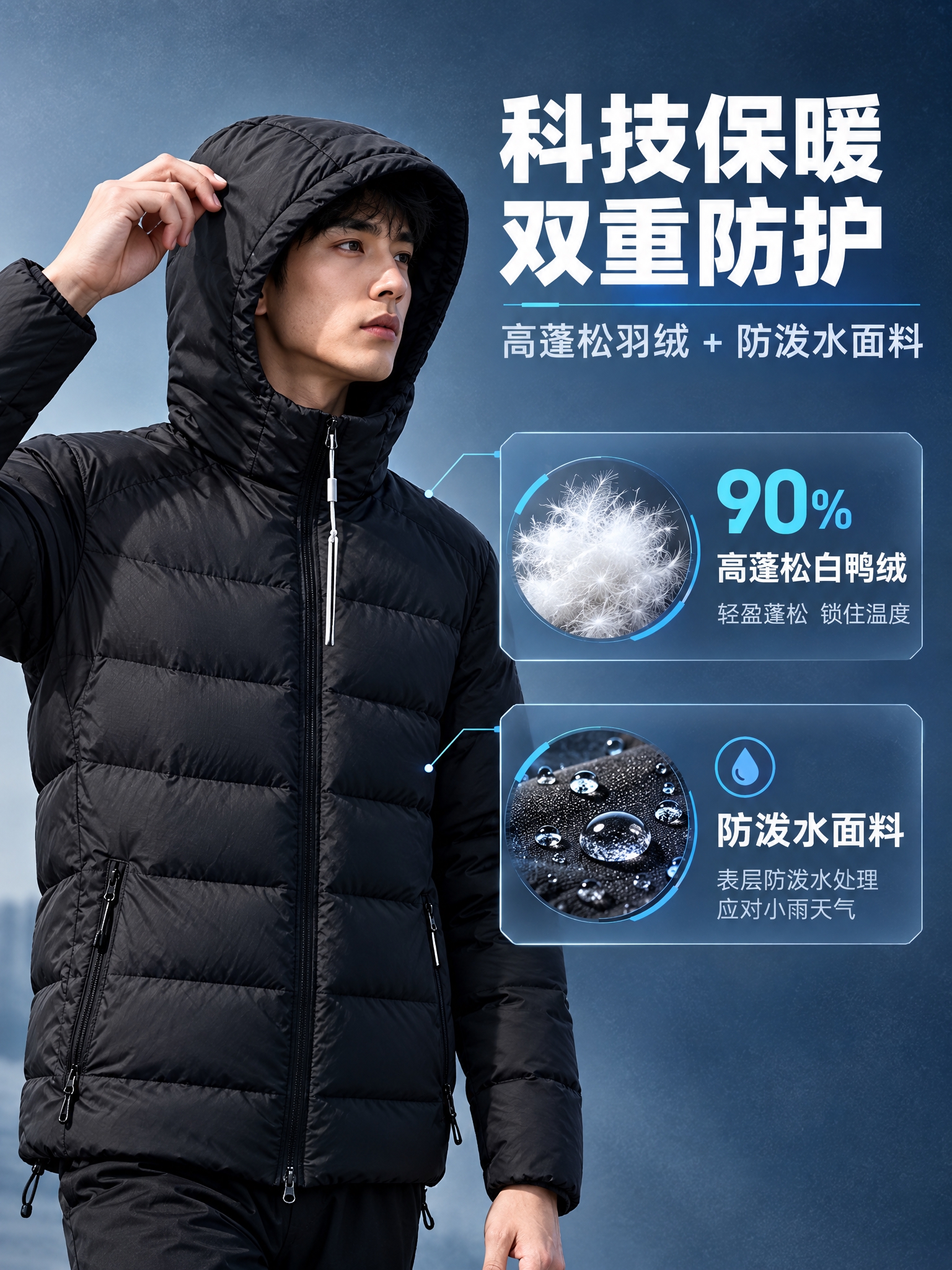 [商品] 使用【图1】男士黑色轻薄连帽羽绒服；商品处理：保留连… - 图片创意预览