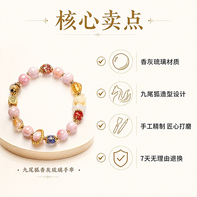[主图-4] 九尾狐香灰琉璃手串核心卖点信息图，信息图表式布局，清晰展示产品卖点和服务承诺，让消费者一眼看到关键信息。
[统一基调] 淘宝/天猫珠宝饰品主图，简洁明了的信息图风格，浅米白色背景，主标题用书法感宋体字深棕金色，卖点文字用黑体深灰色，图标用金色线条风格，整体干净清爽，信息层级清晰。
[画面] 信息图表式左右布局，左侧约占画面40%，放置手串的完整产品小图，手串以45度视角摆放在浅金色圆形底座上，精致展示产品全貌，产品图下方标注"九尾狐香灰琉璃手串"小字。右侧约占画面60%，竖向排列4个核心卖点，每个卖点由一个金色线条图标+文字组成，图标在左，文字在右，对齐整齐。从上到下依次是：第一个图标是琉璃珠子样式，配文"香灰琉璃材质"；第二个图标是九尾狐侧面轮廓，配文"九尾狐造型设计"；第三个图标是手工雕刻工具样式，配文"手工精制 匠心打磨"；第四个图标是盾牌带对勾样式，配文"7天无理由退换"。每个卖点前有金色对勾符号。
[光影质感] 产品小图保持珠宝精修质感，柔光通透，信息图部分光影均匀干净，整体清晰明亮。
[配色] 背景浅米白色，图标金色，主文字深棕金色，卖点文字深灰色，整体金白配色，高级清爽。
[文字版式] 顶部主标题"核心卖点"用大号书法宋体字居中或居右，右侧4个卖点竖向等距排列，图标与文字对齐，字号层级分明，主标题最大，卖点文字次之，信息清晰易读。
[输出要求] 1:1正方形，1440x1440像素，信息清晰，排版整齐，产品小图清晰。负向：文字错字、排版混乱、图标模糊、画面杂乱、水印、平台Logo、多余装饰。