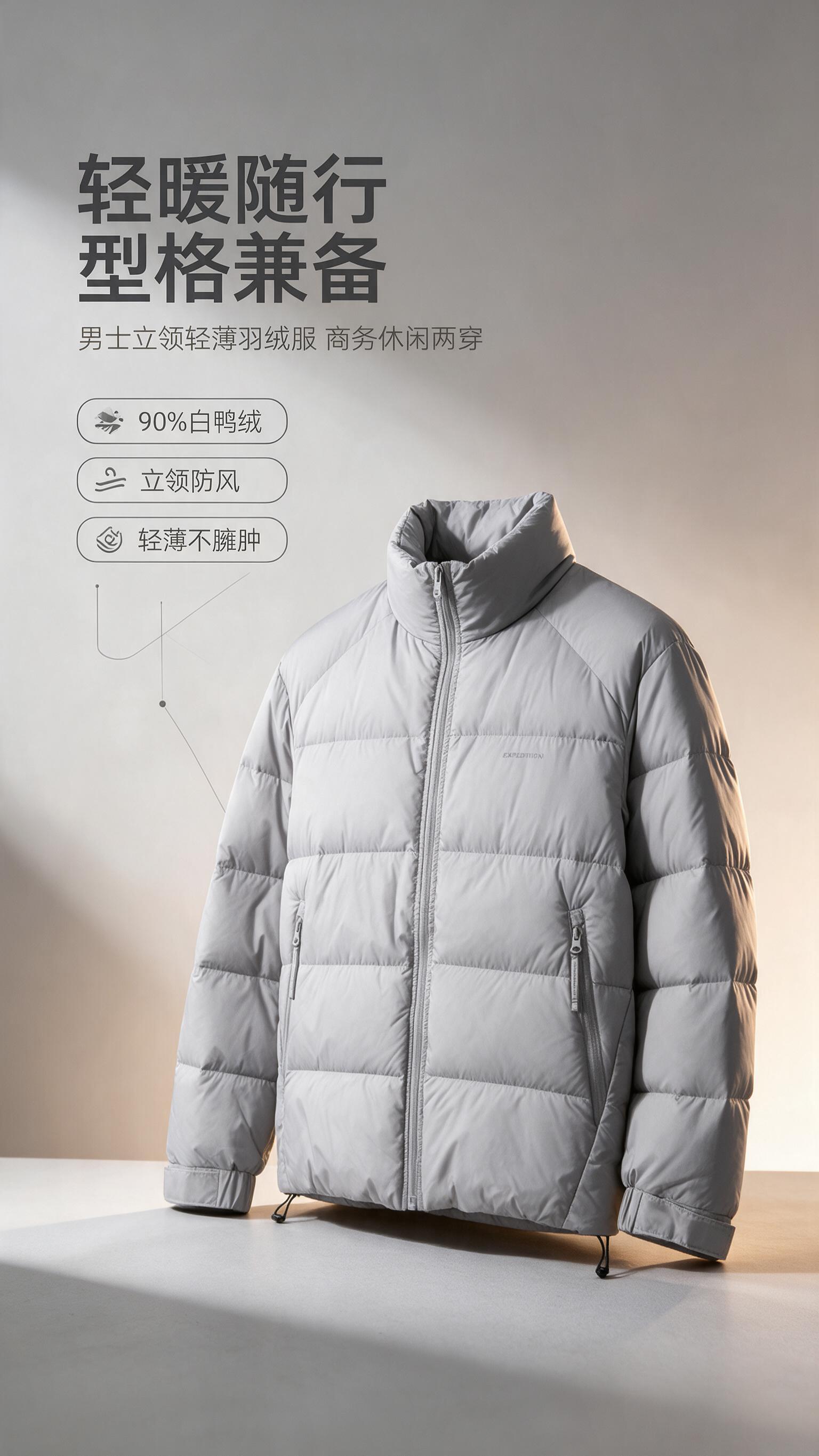 [商品] 使用【图1】浅灰色男士立领短款轻薄羽绒服；商品处理：… - 图片创意预览