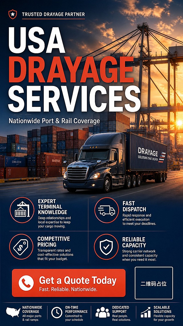 American drayage services brand poster, commercial photography style, cinematic and professional. Background: a bustling US port at golden hour, stacked shipping containers, gantry cranes silhouetted against warm sunset sky, a semi-truck with drayage trailer on the port road, atmospheric haze, depth of field. Color palette: deep navy blue as primary, orange-red accent, warm golden highlights, high contrast but refined. Layout: top-left small tag "TRUSTED DRAYAGE PARTNER", center bold main title "USA DRAYAGE SERVICES" in large uppercase sans-serif font, subtitle below "Nationwide Port & Rail Coverage" in smaller white text. Below subtitle, four feature icons arranged in two rows two columns with short labels: "Expert Terminal Knowledge", "Fast Dispatch", "Competitive Pricing", "Reliable Capacity" — each with a simple geometric icon. Bottom area: a solid orange-red CTA button with white text "Get a Quote Today", and a dark navy square placeholder on the side with "QR Code" text inside for contact. All text is clear, legible, English language. Strong American commercial aesthetic, clean typography, premium brand feel, balanced composition, safe margins on all sides, no blurry text.画面中所有二维码区域使用纯色方块占位符呈现，方块中央标注"二维码占位"文字，严禁生成任何可识别的二维码图案。画面中所有信息区域、套餐卡片、价格表格、权益列表、对比模块、福利条目、课程大纲、议程、嘉宾介绍区等必须填充完整合理的内容，不得出现空白框、空白占位、横线待填写区域、空列表项、空单元格；用户未提供具体内容时，基于海报主题和场景合理补全典型内容，确保是完整可用的成品海报而非待填写模板。