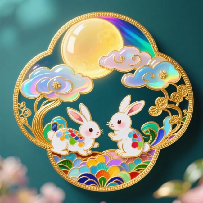 可爱感与梦幻感交织的中式插画风，描边与软3D结合，鎏金细节点缀，玻璃质感云朵环绕，兔儿相伴，中秋意境跃然眼前。预览效果