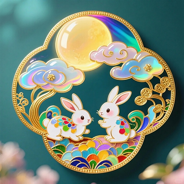 梦幻感与可爱感交织，卡通风格玉兔在鎏金边框中嬉戏，搭配国潮风云纹与玻璃质感月亮，轻拟物设计呈现中秋喜庆氛围。