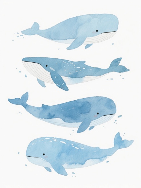 水彩风格插画，白色背景，四只不同品种的鲸鱼整齐排列，每只鲸鱼具有独特外观特征，整体呈现柔和的蓝色调，水彩颜料的透明晕染效果，轻盈的笔触质感，水滴飞溅的细节处理，清新明快的氛围，画面简洁干净，视觉层次清晰，适合儿童或海洋主题的装饰画设计。预览效果