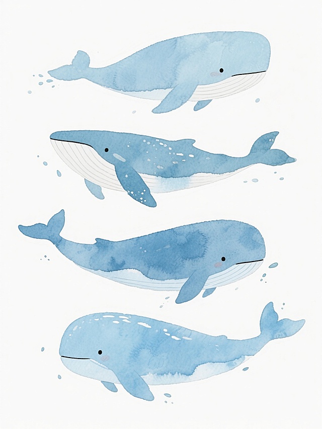 水彩风格插画，白色背景，四只不同品种的鲸鱼整齐排列，每只鲸鱼具有独特外观特征，整体呈现柔和的蓝色调，水彩颜料的透明晕染效果，轻盈的笔触质感，水滴飞溅的细节处理，清新明快的氛围，画面简洁干净，视觉层次清晰，适合儿童或海洋主题的装饰画设计。