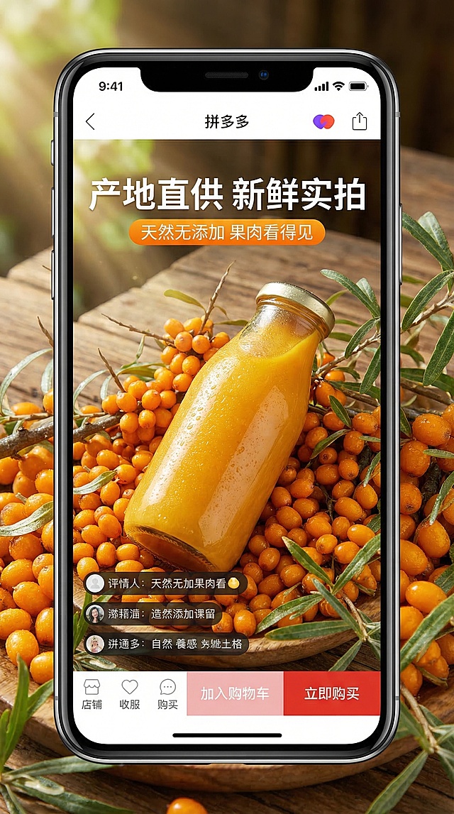 拼多多移动端详情页产品实拍展示模块，展示整瓶沙棘汁放在新鲜沙棘果中，突出产品的真实质感和天然鲜果感，橙黄色绿色搭配，画面明亮有食欲，风格接地气，适合手机端展示，9:16竖版