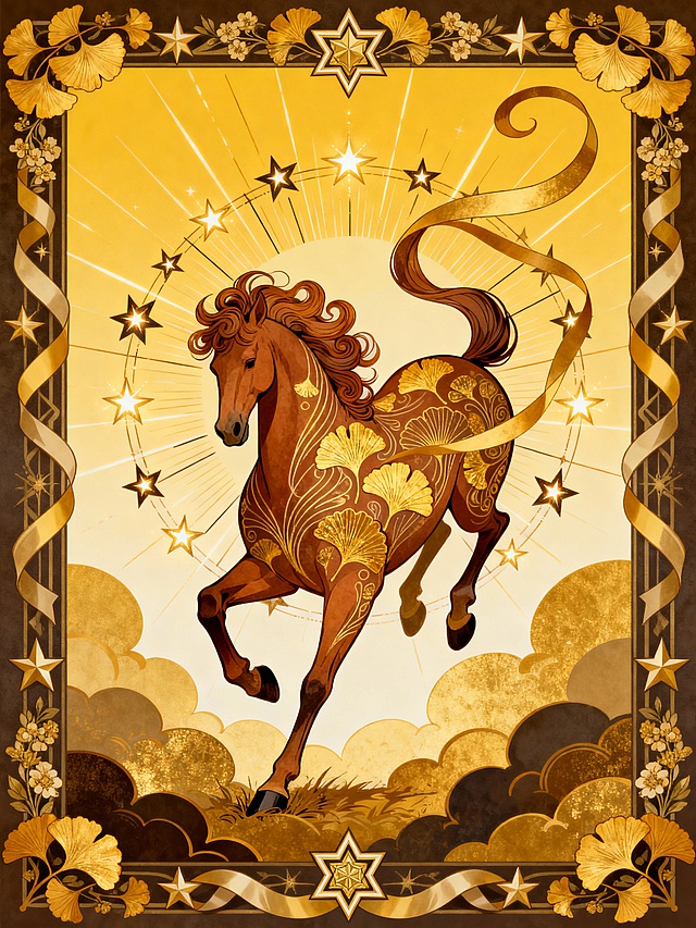 新中式扁平插画风格，明亮饱和的画面，画面细节丰富，风格参考是新艺术运动（Art Nouveau）风格，暖金色调画面，侧面马：棕底色、细腻金色纹理装饰的马（鬃毛呈向夸张卷曲的造型，毛发飘逸，躯体有细密的曲线金黄银杏叶纹饰与线条肌理，弯曲大长尾巴渐变成丝带环绕身体，尾巴向上翘），马呈现从上往下冲地姿态，屁股高翘，前蹄触地后蹄收缩；骏马位于画面中心，一圈星星环绕马（部分发光，有细线）；场景设定为暖黄渐变背景（放射状光效，许多深浅不一的金色云朵图形层叠，明亮），星星装饰元素，边框环绕纹饰（金黄银杏叶、花卉、星形装饰元素），细节丰富的六芒星，有粗细变化的丝带环绕边框。以流畅曲线、繁复装饰纹样为核心，兼具华丽复古感与艺术装饰性，场景设定为暖黄渐变背景，边框层次丰富，
