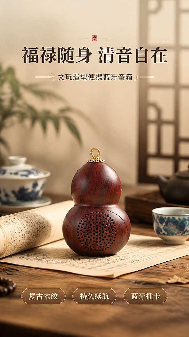 [第1屏] 详情页头图-文玩葫芦造型便携式蓝牙音箱新品宣传。本屏使用【图1】作为商品主体。
[氛围/风格] 新中式国风禅意场景，木质沉稳氛围，商业摄影质感，高级氛围感。
[元素布局] 葫芦音箱放置在画面中心偏下位置，占比约65%；背景布置中式茶文化场景，包含实木茶桌、宣纸卷轴、青花茶杯，营造东方禅意意境；保证葫芦造型、木纹颜色、结构比例与输入产品图完全一致。
[光影质感] 顶部柔和自然光照明，底部自然投影，保留木纹肌理清晰细节，整体光影层次通透。
[配色色系] 全局底色 #E8DCC8；主色深棕木纹；辅助色米白纸卷、青花蓝杯、浅棕茶桌。
[视角构图] 45度斜侧视角，产品为绝对视觉中心，阅读动线从上至下，从上标题到中心产品到底部信息。
[文字版式] 版式为顶部主标题 + 中心产品 + 底部卖点标签。主标题「福禄随身 清音自在」，副标题「文玩造型便携蓝牙音箱」，居中排列；底部三个悬浮卖点标签「复古木纹」「持久续航」「蓝牙插卡」，文字不遮挡产品主体。
[比例分辨率] 9:16 竖版比例，4K 分辨率，文字清晰可辨，高清画质。
[负向提示词] 产品变形，颜色偏差，缺件错件，文字错乱，文字过小，背景杂乱，水印，结构错误。