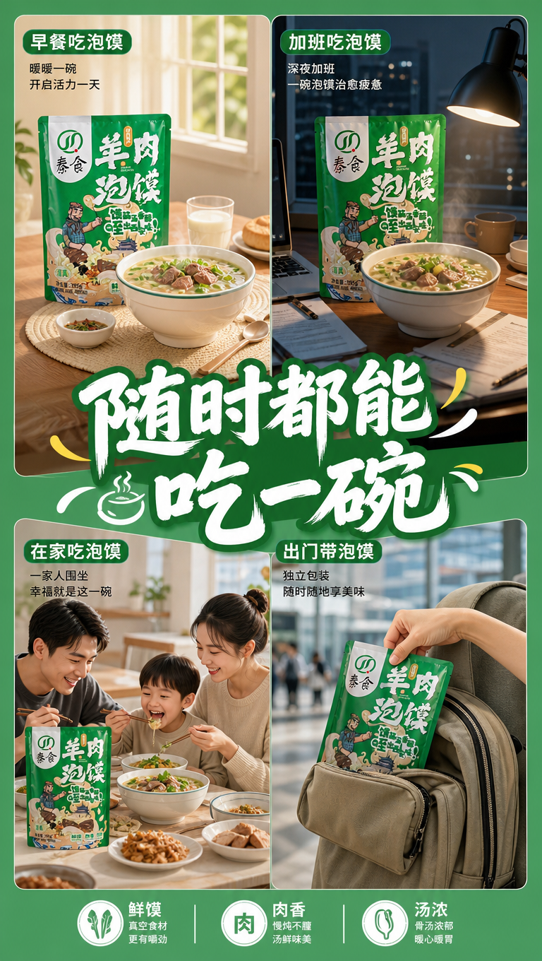 羊肉泡馍多场景展示，9:16竖版。四张图片拼在一起：早餐吃泡馍… - 图片创意预览
