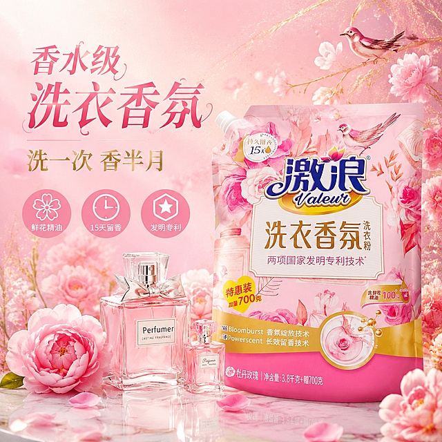 [主图-1] 激浪洗衣香氛洗衣粉首图，香水瓶+花卉轻奢风爆款主图。
[氛围风格] 高级轻奢香氛感，粉白金配色，抖音强视觉冲击，与上一版首图构图完全不同。
[画质] 商业摄影质感，光线精致通透，产品清晰真实，画面干净高级，超高清。
[元素] 画面右侧放置激浪洗衣香氛洗衣粉袋装产品，保持产品外观（物理结构、材质质感、颜色、品牌logo）与输入产品图一致，杜绝变形色差。左侧放置一大一小两瓶粉色香水瓶（大瓶带银色蝴蝶结，小瓶精致迷你），香水瓶旁散落多朵盛开的粉色牡丹和玫瑰花，花瓣纷飞。背景为上下渐变，上半部分浅粉色带细腻金粉纹理，下半部分纯白色大理石台面，产品和香水瓶放置在台面上，有自然倒影。右上角有一只小鸟停在花枝上，呼应产品包装元素。商品主体占比约60%。画面满屏无边框。
[光影] 左上方45度主光，柔和粉色调，香水瓶玻璃质感高光清晰，产品正面受光均匀，大理石台面有柔和倒影，整体通透高级，暗部有层次。
[配色] 主色调玫瑰粉、香槟金；辅助色米白、大理石灰、深粉。
[视角构图] 略微俯视的台面陈列视角，产品在右侧，左侧香水瓶+花卉形成视觉平衡，前景有虚化花瓣增加层次。
[文字版式] 左上角竖排主标题（文字横排，左对齐堆叠）第一行大字"香水级"，第二行更大字"洗衣香氛"，粉色渐变粗体艺术字；下方副文案"洗一次 香半月"，金色中号字体。底部三枚粉色圆形图标横向排列：第一枚花朵图标+"鲜花精油"，第二枚时钟图标+"15天留香"，第三枚专利图标+"发明专利"，图标下配白色小字。文字放在负空间，不遮挡产品主体。
[输出要求] 1:1比例，文字清晰锐利，超高清商业摄影质感。
[负向提示词] 变形，文字错乱，产品图模糊，背景杂乱，水印，电商平台Logo，多余的手，畸形手，肢体穿模。