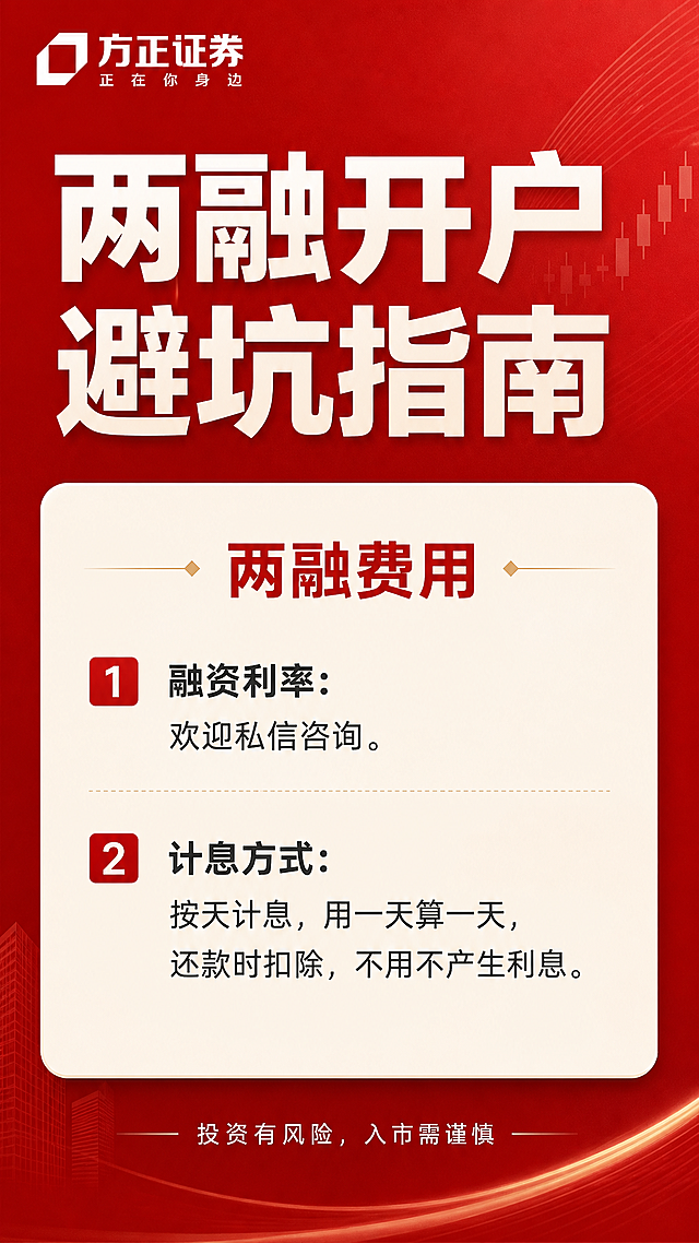 生成一张适合小红书发布的金融图文图片，红色外背景，正文区域使用浅色背景，左上角放置方正证券logo，正下方提示：投资有风险，入市需谨慎。全部字体使用方正字库，标题为“两融开户避坑指南”。内容副标题：两融费用，包含：
1. 融资利率：欢迎私信咨询。
2. 计息方式：按天计息，用一天算一天，还款时扣除，不用不产生利息。
要求红色外背景，正文浅色底，和前两张风格一致，使用方正字体，对比清晰适合手机观看。
