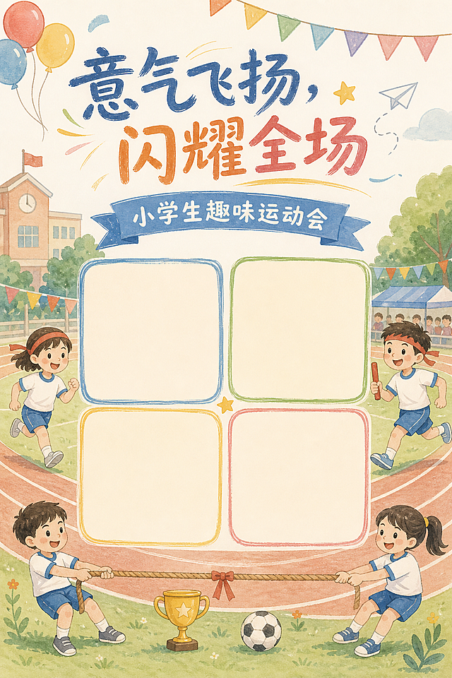 小学生趣味运动会宣传海报，素色手绘风格，画面为竖版，背景是小学生趣味运动会的操场运动场景，整体颜色素雅。画面预留4个方形位置用于放置照片，排版分区清晰。主标题文字为"意气飞扬，闪耀全场"，副标题文字为"小学生趣味运动会"，文字清晰可读，版式精美，整体为手绘风，色彩淡雅。