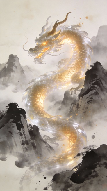 A majestic Chinese dragon coiling through misty mountain peaks, blending with splashed ink painting预览效果