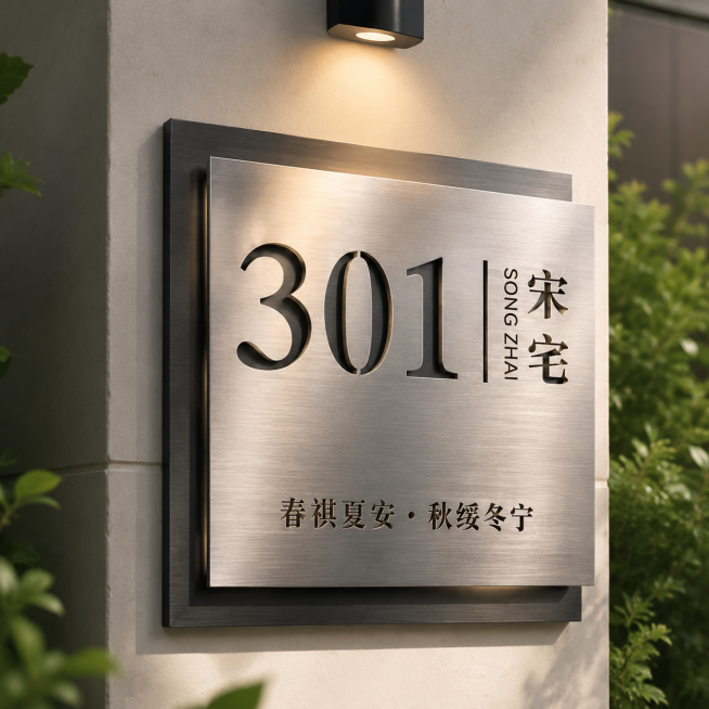 重新设计不锈钢门牌，突出不锈钢镂空工艺卖点，保持原有文字内容：301 宋宅 SONG ZHAI 春祺夏安·秋绥冬宁，提升质感和设计感预览效果