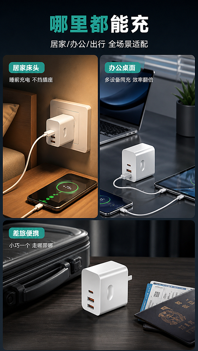 [商品] 使用【图1】白色快充充电器（三款分别出现在不同场景中，每场景一款）；保留各款白色亮面外壳、方形圆角、对应接口配置、整体结构比例；产品在场景中自然摆放或插在插座上，符合真实使用状态。
[画面] 目标：多场景使用展示，覆盖居家/办公/出差三大场景。构图：三格横向拼图（上下布局，上2格下1格），每格一个完整场景+产品+场景标签——左上：居家卧室场景（充电器插在床头插座，给手机充电，暖光氛围），右上：办公桌面场景（充电器在办公桌，连接手机和平板，冷光商务感），下方：出差旅行场景（充电器在行李箱旁/酒店桌面，小巧便携感）；阅读动线从左上到右上再到下方，前景产品清晰，中景场景道具，远景环境虚化。
[视觉] 套系策略：风格=深色科技性能风+拼多多高性价比大字报（场景页适度加入生活氛围光）；标题字=粗黑无衬线大字（思源黑体Heavy）；正文字=简洁无衬线体（思源黑体Regular）；主色=深灰蓝（科技底）；背景延展=各场景基于主色做氛围变化（居家偏暖灰、办公偏冷灰、出行偏深灰），保持统一深色基调；强调色=青绿色（用于场景标签、小图标点缀）；标题色=白色+青绿色场景名；正文色=浅灰白；组件=圆角场景标签、细线分隔；光影=每个场景有独立主光源，产品保留亮面反光与真实接触阴影。
[文字] 顶部主标题："哪里都能充"（白色，"哪里都"青绿色）；副标题："居家/办公/出行 全场景适配"；三格各配场景标签+短说明：①"居家床头"——睡前充电 不挡插座 ②"办公桌面"——多设备同充 效率翻倍 ③"差旅便携"——小巧一个 走哪带哪；全部横排，场景文字压在每格留白处，不遮挡产品主体。
[规格] 拼多多详情页，单屏比例9:16竖版，分辨率4K，负向提示：避免产品变形、接口数量错误、错字、文字过小、场景与产品融合不自然、冷蓝过度、极限词、出现人物脸部。