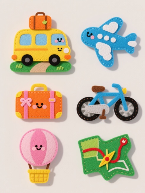 六个不同旅行主题的毛毡材质卡通元素集合，每个元素都有圆润的造型和可爱的表情，色彩鲜艳明快，主色调为黄色、蓝色、橙色和绿色，元素之间留有适当空白，整体呈规整排布。第一个元素是黄色旅行巴士，车顶上放着橙色行李箱，旁边有绿色的草地和小路；第二个元素是蓝色的飞机，机翼上有白色的云朵图案；第三个元素是橙色的行李箱，上面系着粉色的蝴蝶结；第四个元素是蓝色的自行车，车轮是黑色的，车座是棕色的；第五个元素是粉……预览效果