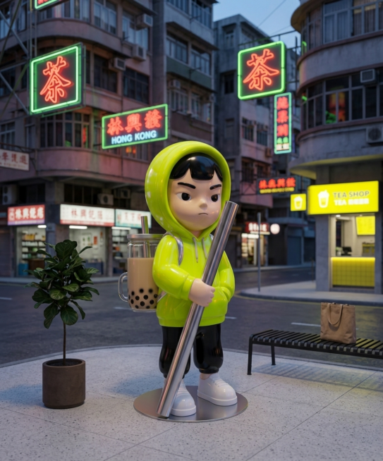 商业级城市潮流装置摄影。
主体：公仔雕塑严格参照上传图片，完整保留所有可见组件、部件、本体几何轮廓、结构、比例、材质质感、颜色与上传图完全一致，严禁因画面氛围词擅改产品材质，杜绝任何变形、色差、组件缺预览效果