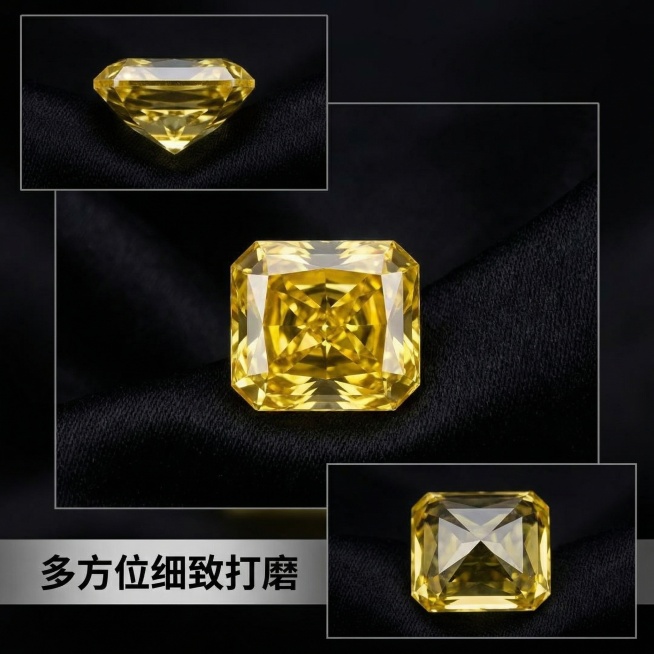 [主图 4] 方形金黄色钻石裸钻多视角展示拼图
[氛围风格] 全方位展示，清晰直观，专业高端
[画面元素] 商业摄影质感，光线柔和通透，产品清晰真实，画面干净高级。将原方形金黄色钻石裸钻放置在画面主区预览效果