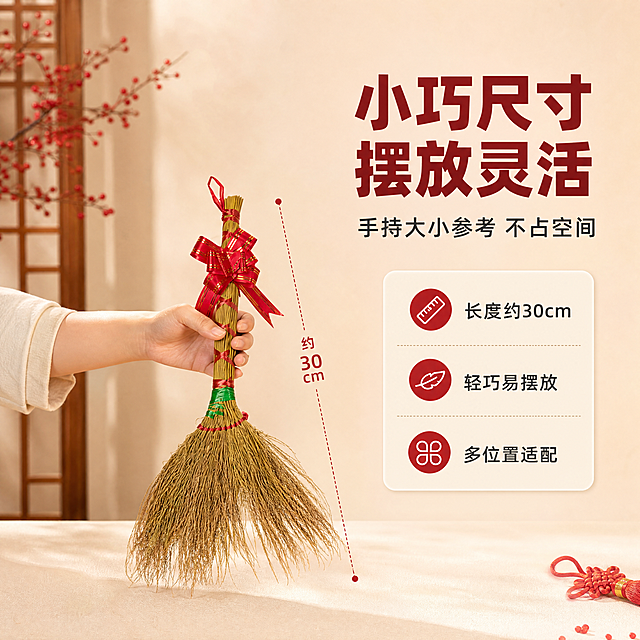 [商品] 使用【图2】小扫把斜款捆红绳（手持展示）；保留斜款造型、禾秆材质、红绳蝴蝶结装饰、整体尺寸比例；商品处理：保留原有结构、颜色和真实尺寸比例，手部姿态自然。
[画面] 目标：尺寸参照，通过手持展示直观体现小巧体量。构图：左侧人物手持小扫把，右侧留白放文字和尺寸标注。主体占画面55%。景别：中景（手部+小臂）。前中后景：前景浅米色台面，中景手持扫把，后景暖米色背景。
[视觉] 套系策略：风格=国风喜庆暖调商业摄影；标题字=阿里巴巴普惠体粗体；正文字=阿里巴巴普惠体常规；主色=暖米杏色；背景延展=基于暖米杏做深浅层级、同色渐变和细腻纸张/木纹质感；强调色=中国红，仅用于小面积图标、引线和标签；标题色=深棕红；正文色=暖深灰；组件=圆角浅底信息卡、细线引线、红绳装饰元素；光影=左前侧暖柔光，柔和阴影。
[文字] 主标题：小巧尺寸 摆放灵活；副标题：手持大小参考 不占空间；3个短卖点：长度约30cm、轻巧易摆放、多位置适配。文字位于右侧，配尺寸线标注示意。
[规格] 图片比例1:1，4K分辨率，负向提示：避免变形、错字、文字过小、冷蓝背景、颜色改变、结构失真、天然/环保/原生态等极限词、淘宝违禁词、小标致图案。