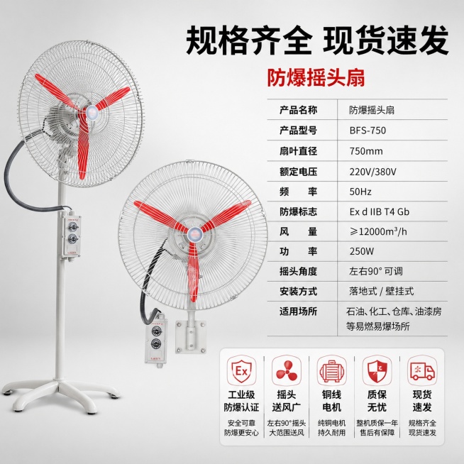 「图片1」，生成一套主图（5张），商品名称是防爆摇头扇，卖点是防爆，第一张要醒目标注免费开13%专票，适配淘宝/天猫平台，主图比例为1:1预览效果