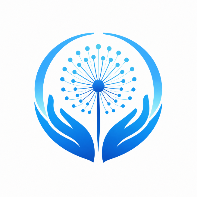 根据图片参考重新设计蒲公英公司logo，图案为蒲公英搭配双手托举造型，矢量风格，简约现代科技感，蓝色调，高清预览效果