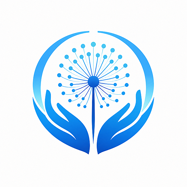 根据图片参考重新设计蒲公英公司logo，图案为蒲公英搭配双手托举造型，矢量风格，简约现代科技感，蓝色调，高清