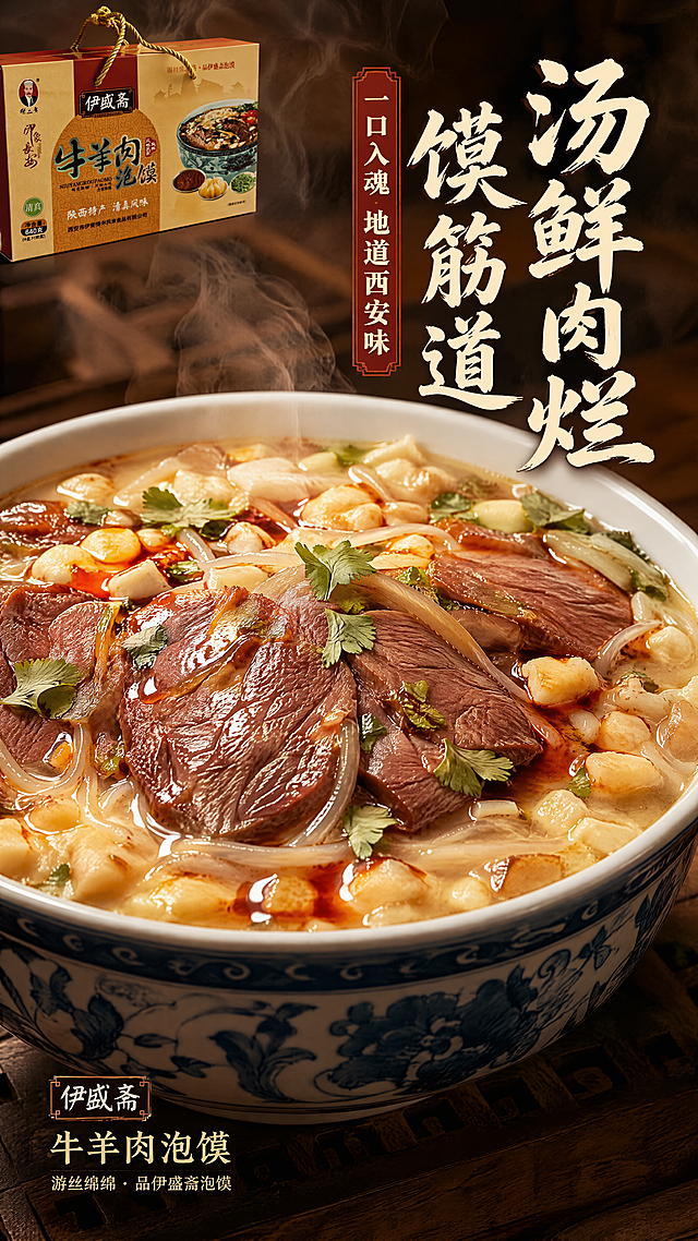 [第5张] 口感质地特写页——牛羊肉泡馍成品汤鲜肉烂馍筋道微距质感。本张使用【图1】作为商品主体（小角标露出），参考【图2】的中式古风暖棕木纹风格。
[氛围/风格] 食欲感美食微距风，暖色调，蒸汽腾腾，商业美食摄影质感，诱人垂涎。
[元素布局] 画面主体为一大碗牛羊肉泡馍的超近景特写，占比约70%；青花瓷大碗中，酱红色牛羊肉片铺在表面，馍粒浸泡在浓郁奶白色高汤中，粉丝若隐若现，表面撒有绿色香菜和红色辣油；碗边有蒸汽升腾效果，汤面有油光和热气；左上角小图露出礼盒包装一角（占比约10%）；背景为深棕色虚化木纹。
[光影质感] 侧上方暖光照明，肉片表面有油润高光，汤面有反光，蒸汽柔和弥漫，整体温暖诱人。
[配色色系] 全局底色 #6B3A0A 深棕虚化背景；主色酱红牛肉+奶白汤底+金黄馍粒；辅助色青花瓷蓝、绿色香菜、深红辣油。
[视角构图] 微俯视近景特写，泡馍碗占据画面中心偏下，阅读动线从碗中心肉片 → 汤 → 馍粒 → 标题。
[文字版式] 右上竖排或横排大标题「汤鲜肉烂 馍筋道」，书法体大字；副标题「一口入魂 地道西安味」，宋体小字；左下角小礼盒图标旁标注「伊盛斋 牛羊肉泡馍」；字色米白+深红，与前页字体统一。
[比例分辨率] 9:16 竖版比例，4K 分辨率，文字清晰可辨，高清画质。
[负向提示词] 食物不新鲜，颜色偏差，水印，文字过小，碗变形，背景杂乱，礼盒比例失调。