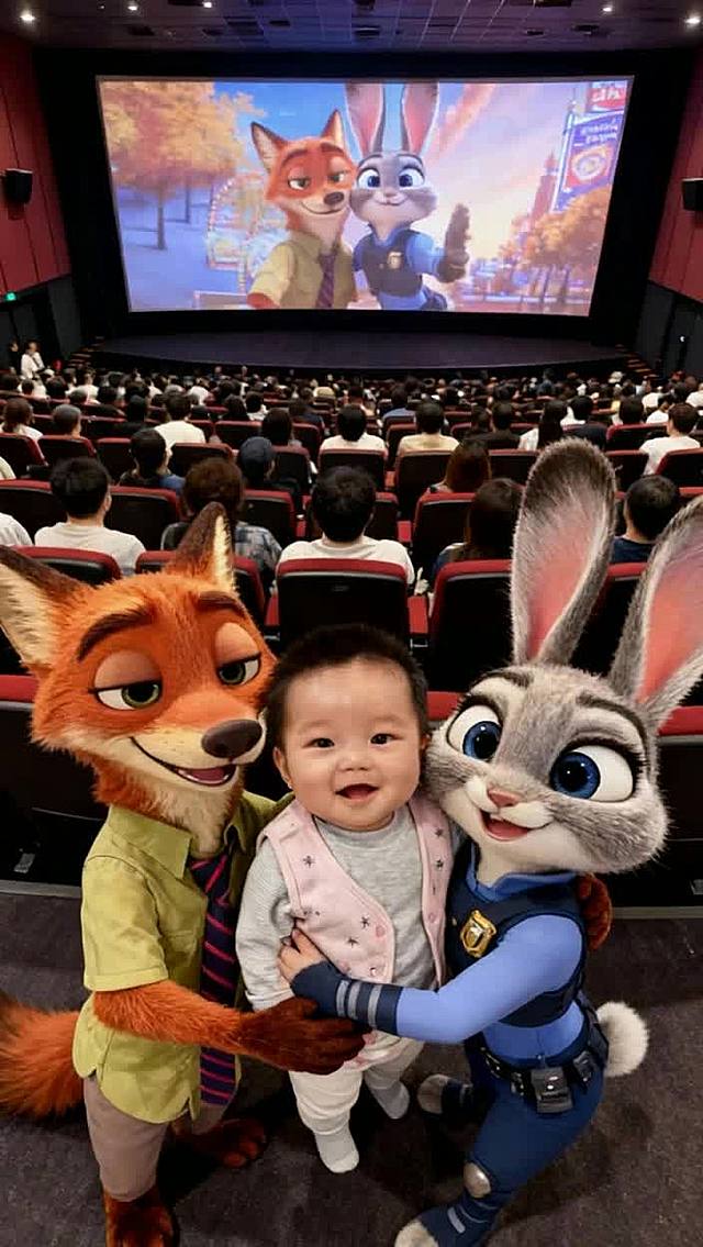 背景为超大电影院坐满了观众，人物背对银幕，银幕显示图2形象的拓展剧情画面填满全屏。让尼克和朱迪玩偶亲昵地拥抱中间的人物，最后三者一起对着镜头露出开心的微笑，整体风格很温馨有趣，充满人物与动画IP联动的欢乐氛围，画面色彩鲜艳、细节生动，呈现出治愈又可爱的视觉效果。