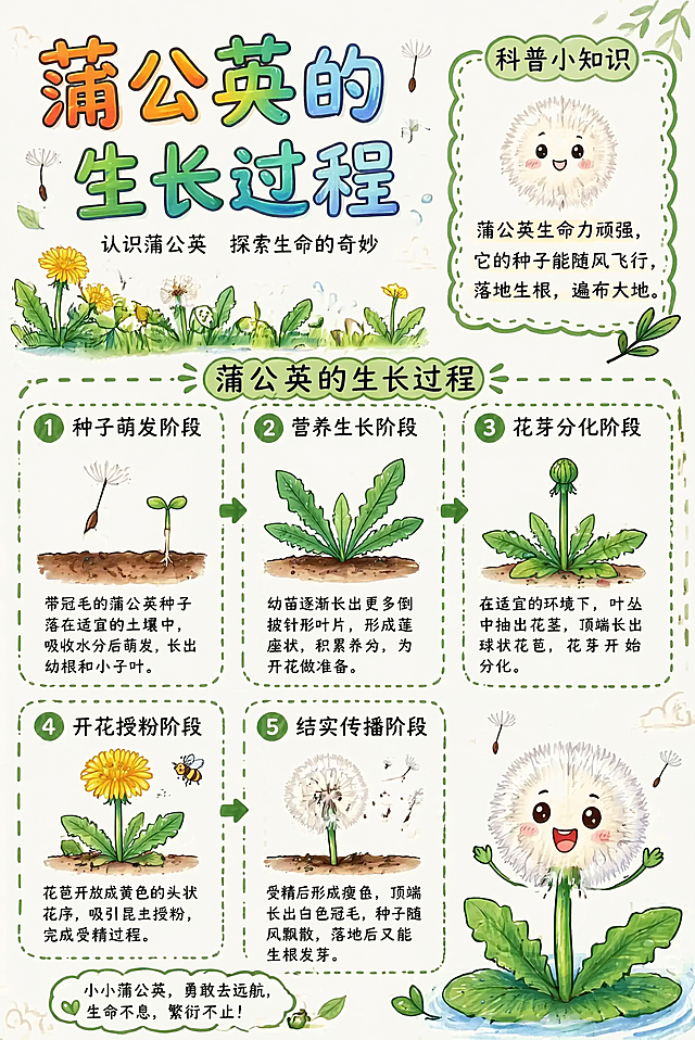 手抄报风格蒲公英的生长过程科普海报，沿用参考图清新手绘卡通风格，顶栏大字主标题"蒲公英的生长过程"，分为五个分区介绍生长阶段，每个分区配对应手绘插画和文字说明：1. 种子萌发阶段：带冠毛的蒲公英种子，萌发长出幼根小子叶；2. 营养生长阶段：莲座状排列逐渐长大的倒披针形叶片；3. 花芽分化阶段：从叶丛抽出花茎长出球状花苞；4. 开花授粉阶段：开放的黄色头状花序；5. 结实传播阶段：白色降落伞状冠毛果实，种子随风飘散。版式和参考图保持一致，分区带虚线边框，浅绿色装饰，文字清晰可读，版式精美，配色清新自然。