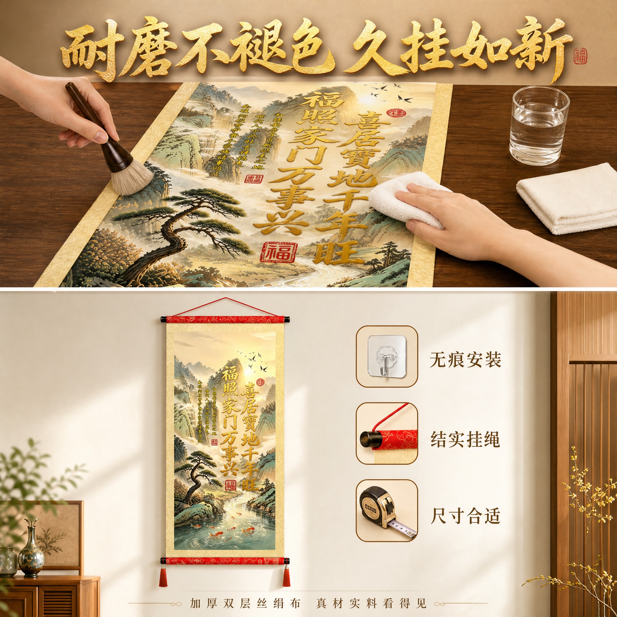 [主图-6] 山水福字书法卷轴挂画 耐磨不褪色卖点证明与安装展… - 图片创意预览
