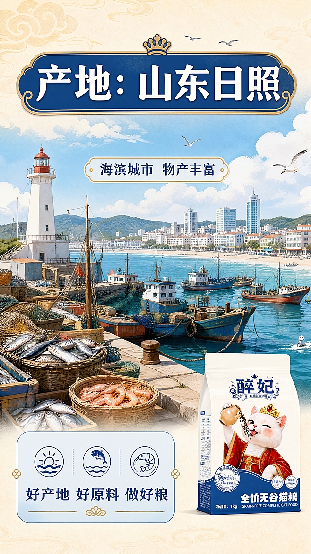 [商品] 使用【图1】醉妃猫粮包装袋小尺寸露出于右下角，占画面约12%；保留包装所有文字、图案与配色，缩小清晰化处理，不改变任何内容。
[画面] 目标为产地溯源信任展示，产地叙事型构图；画面主体约70%为山东日照海滨城市与渔港风貌的插画风格场景：蓝天、海面、渔船、码头，色调清新温暖；上方大字体产地名；右下角产品袋作为品牌锚点；阅读动线从顶部产地名→中部产地场景→底部产地说明→右下角产品。
[视觉] 套系策略：风格=国潮宫廷萌系商业摄影风，温馨有食欲；标题字=国潮宋体加粗，带轻微描边；正文字=圆润无衬线体；主色=暖米白 + 品牌深蓝；背景延展=基于暖米白做深浅渐变、同色系云纹/纸张质感，深蓝用于标题底块与分隔线；强调色=暖金色，仅用于小面积皇冠图标、引线、标签点缀；标题色=品牌深蓝；正文色=深炭灰；组件=圆角浅蓝信息卡、细线引线、圆形卖点icon；光影=左前侧暖柔光，自然明亮。
[文字] 顶部深蓝底块白字大标题「产地：山东日照」；中部场景内配小字标签「海滨城市 物产丰富」；底部圆角信息卡文字：「好产地 好原料 做好粮」；文字均为横排，字号移动端清晰可读，不遮挡场景主体与产品。
[规格] 图片比例9:16竖版，4K分辨率，负向提示：避免变形、错字、文字过小、出现功效/健康表述、出现未提供的产地数据与认证、出现平台名称与极限词。