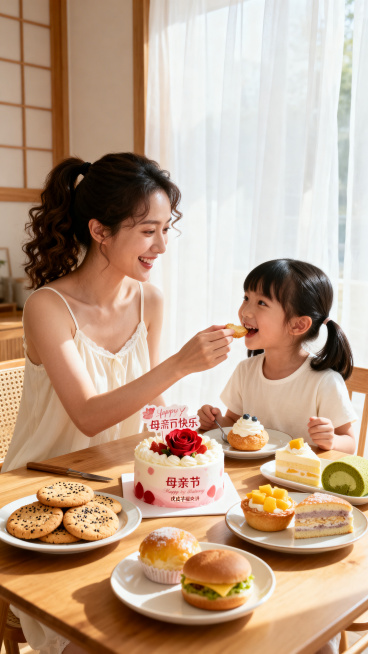 8K超高清，超写实商业人像摄影，真实光影，温暖治愈的亲子早餐场景，年轻东亚妈妈与可爱的东亚小女孩，在明亮的日式原木风餐厅共进早餐。妈妈留着马尾卷发，穿着米白色吊带睡裙，温柔甜美，正和小女孩互动喂食；小预览效果