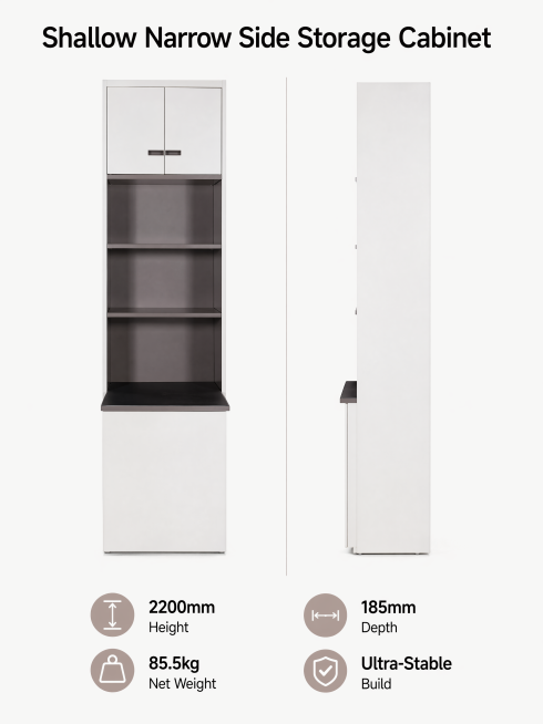 [Screen 6] Shallow narrow side cabinet detail. Left front view from [image14], right side view from预览效果