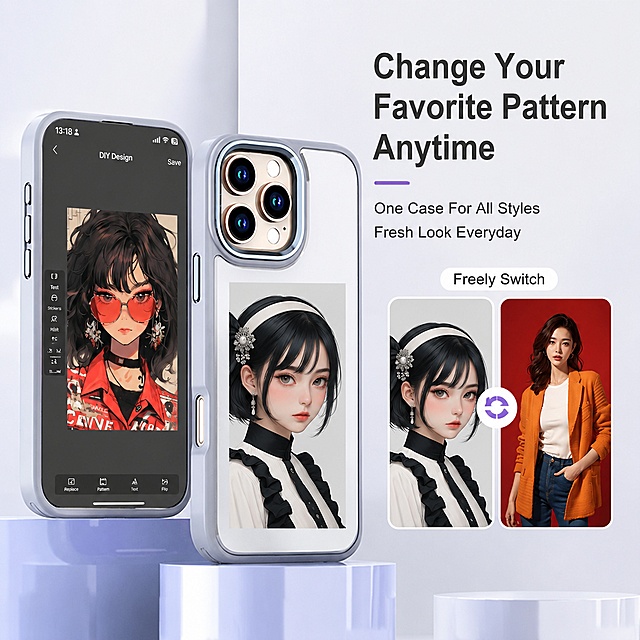 [Main Image 5] Free Pattern Replacement Feature Show. 
[Atmosphere Style] Functional display, personalized matching sense, clean and clear style. 
[Image Quality] Commercial composite picture, clear layers, each picture area is sharp. 
[Elements] Silver white smart phone case is in the center, the left side shows the mobile phone DIY editing interface, the right side shows two different style display patterns that can be switched freely. Keep the phone case appearance consistent with the input image, the interface and pattern clearly displayed. 
[Light and Shadow] Overall soft light, each functional area is evenly illuminated, the picture contrast is comfortable, no local overexposure. 
[Color Matching] Background light gray-white gradient, product silver white, the pattern area has rich color embellishment, does not grab the main body. 
[Perspective Composition] 1:1 square composition, layered layout: product center, phone interface left, pattern display right, clear level. 
[Text Layout] Right main title "Change Your Favorite Pattern Anytime", 
Subtitle "One Case For All Styles / Fresh Look Everyday", 
All text English, left-aligned, clear organization, no Chinese characters. 
[Proportion Resolution] 1:1 ratio, 2048px, 4K resolution, text clear. 
[Negative Prompt] Deformation, text confusion, blurred product, messy background, watermark, Logo, Chinese characters.