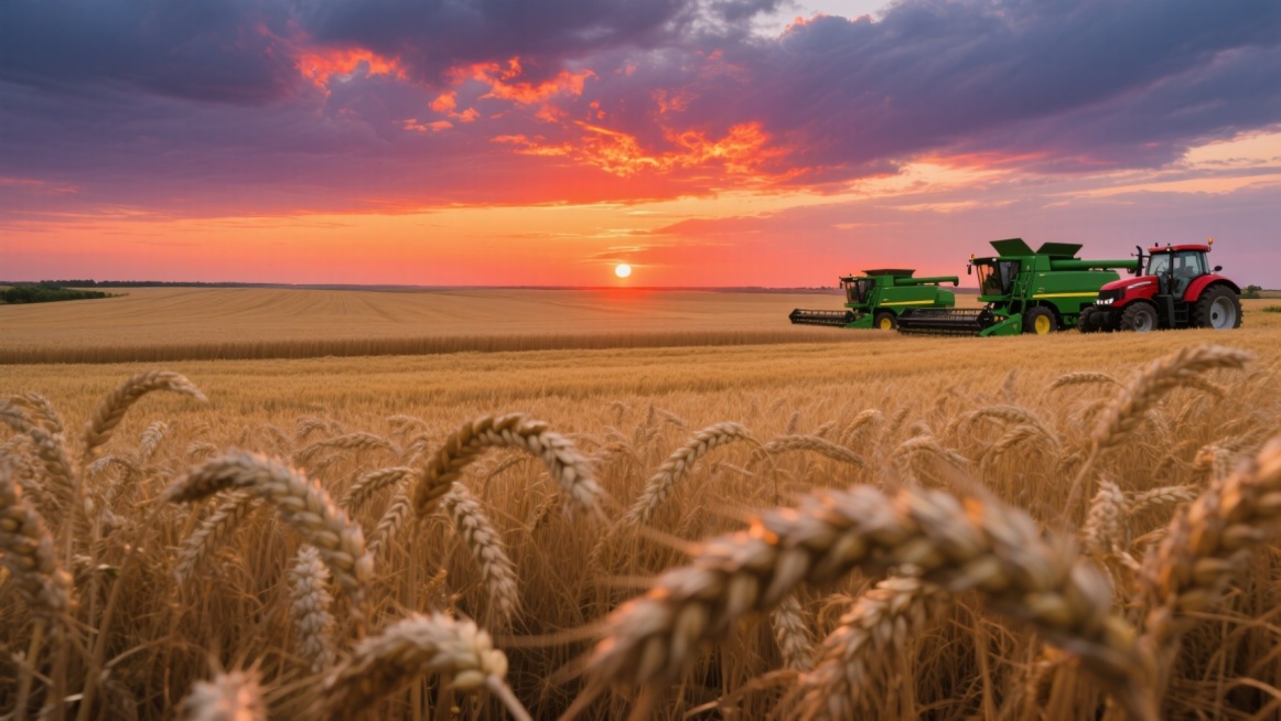 日出时分，东方天空染着橙红色霞光，广阔的田野上金色阳光洒下，远处有现代化农业机械和绿色作物，画面中央上方有“大伟农业”四个醒目大字，下方配以“农业伟大”的标语，整体呈现壮丽、充满希望的氛围，高清细节，预览效果