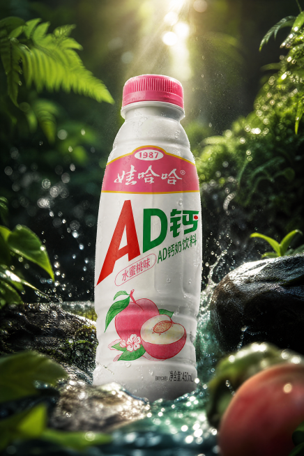 基于提供的哇哈哈AD钙水蜜桃味产品图，生成sujurmin风格摄影，8K超精细产品摄影，动朗光结合暗夜朦光，营造斑驳光影，完美配色，高反差，基调暗朦，绿色绿植背景、水面，背景虚化，清新自然，高清海报效预览效果