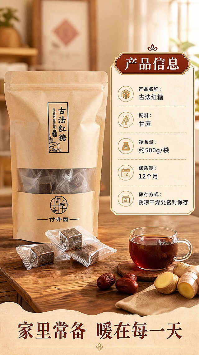 [商品] 使用【图1】付升园古法红糖产品；保留牛皮纸包装袋、独立小袋红糖块的外观与颜色；产品与规格信息同页呈现。
[画面] 目标：规格信息与囤货收尾，温馨收束促进转化。构图：左产品右信息型，产品占画面约50%。主体位置：画面左侧竖立放置牛皮纸红糖大袋，前方堆叠3颗独立小袋红糖；右侧是规格信息区。背景：暖米色温馨厨房场景虚化背景，木质餐桌纹理隐约可见。右下角点缀一小杯红糖水与红枣、姜片，营造家常氛围。
[视觉] 套系策略：风格=中式暖调烟火气商业摄影；标题字=宋体加粗带书法气质的衬线体；正文字=简洁无衬线中黑体；主色=牛皮纸棕+红糖焦红；背景延展=基于暖棕与焦红做深浅层级、同色渐变和细腻木纹/纸张质感；强调色=暖金色，仅用于小面积图标、引线和标签点缀；标题色=深棕红；正文色=暖深灰；组件=圆角浅棕信息卡、细线引线、中式印章式标签；光影=左前侧暖柔光，右侧补光，整体暖色调。
[文字] 右侧信息区顶部标题"产品信息"；下方规格列表："产品名称：古法红糖""配料：甘蔗""净含量：约500g/袋""保质期：12个月""储存方式：阴凉干燥处密封保存"；底部温馨收尾语"家里常备 暖在每一天"；所有文字横向排版，字号保证手机端清晰可读。
[规格] 图片比例9:16竖版，4K，负向提示：避免变形、错字、文字过小、冷蓝/蓝灰背景、包装文字错乱、虚假参数、极限词。
