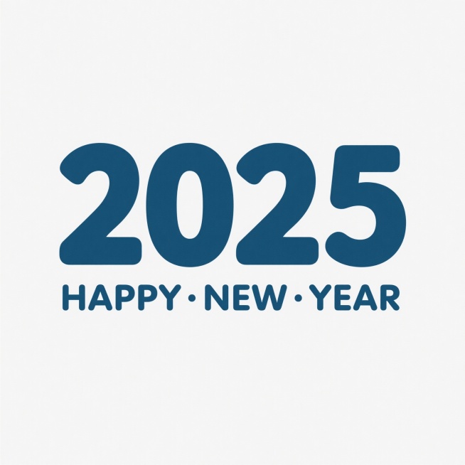 扁平风格设计，以简洁的深青色粗体数字“2025”为核心视觉元素，数字边缘平滑无装饰，字符紧密相连形成整体感，下方配以同色系小写英文字体“HAPPY·NEW·YEAR”，文字间用圆点分隔，整体构图居中对称，背景为纯白色，画面简洁明快，无阴影、渐变和立体效果，视觉层级清晰，信息传达直接，符合新年主题的扁平设计风格。预览效果