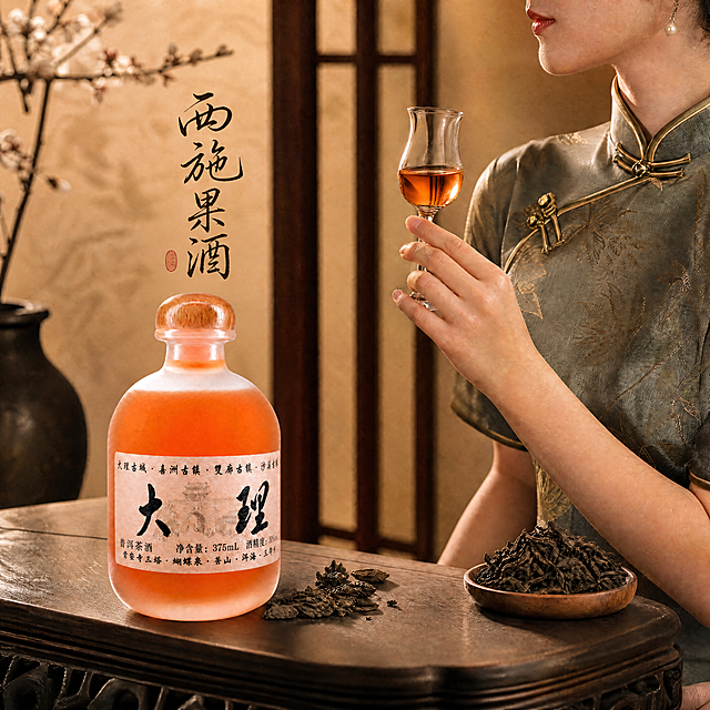 添加文案"西施果酒"，字体为适中大小黑色手写书法字，柔和不抢眼，不遮挡主体产品，整体画面保持高级新中式质感风格，1:1尺寸